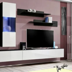 Meuble TV Mural Design "Fly II" 320cm Blanc & Noir -Pas Cher Mobiliora Magasin meuble tv 19714763