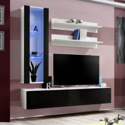 Meuble TV Mural Design "Fly II" 190cm Noir & Blanc