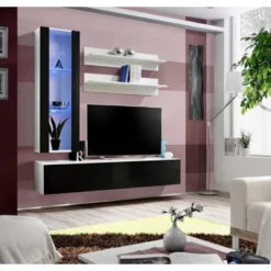 Meuble TV Mural Design "Fly II" 190cm Noir & Blanc -Pas Cher Mobiliora Magasin meuble tv 19714815