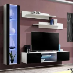 Meuble TV Mural Design "Fly XIX" 210cm Noir & Blanc