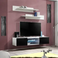 Meuble TV Mural Design "Fly III" 160cm Noir & Blanc -Pas Cher Mobiliora Magasin meuble tv 19714867
