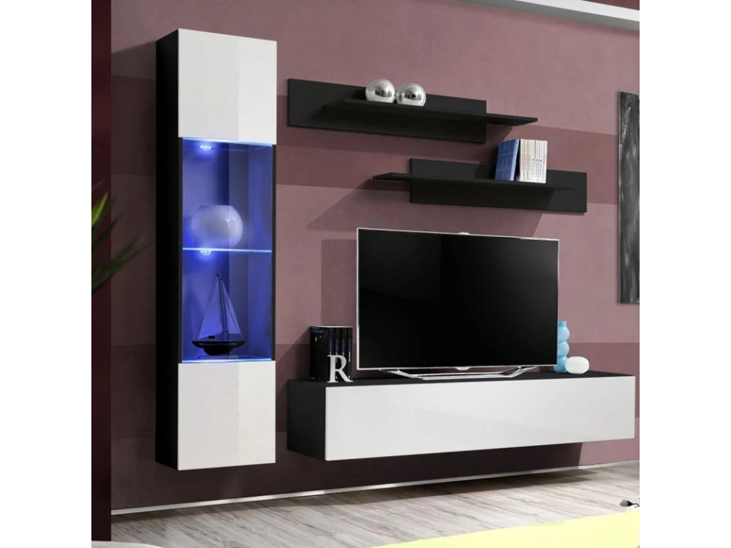 Meuble TV Mural Design "Fly III" 210cm Blanc & Noir 3 Meuble TV Mural Design "Fly III" 210cm Blanc & Noir