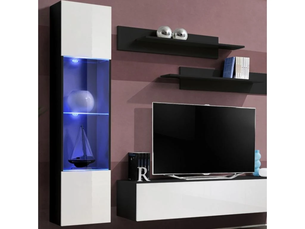 Meuble TV Mural Design "Fly III" 210cm Blanc & Noir 4 Meuble TV Mural Design "Fly III" 210cm Blanc & Noir – Image 2