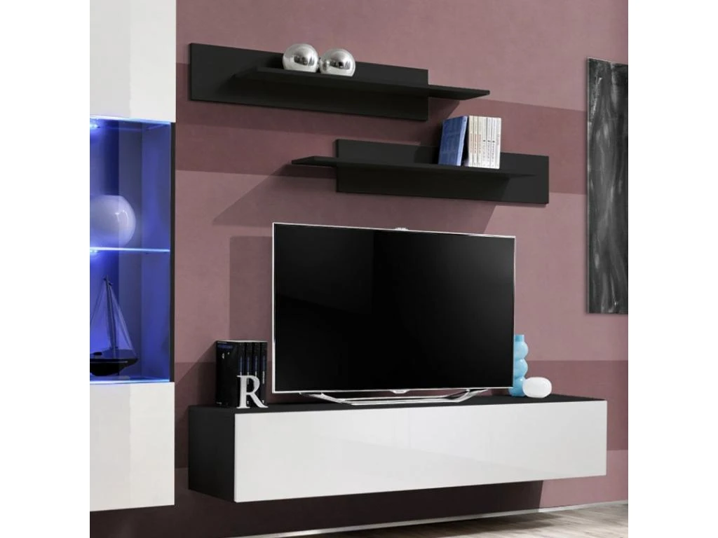 Meuble TV Mural Design "Fly III" 210cm Blanc & Noir 5 Meuble TV Mural Design "Fly III" 210cm Blanc & Noir – Image 3
