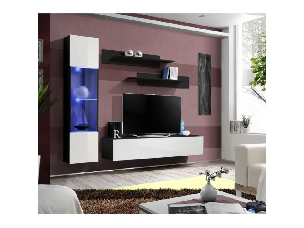 Meuble TV Mural Design "Fly III" 210cm Blanc & Noir 6 Meuble TV Mural Design "Fly III" 210cm Blanc & Noir – Image 4