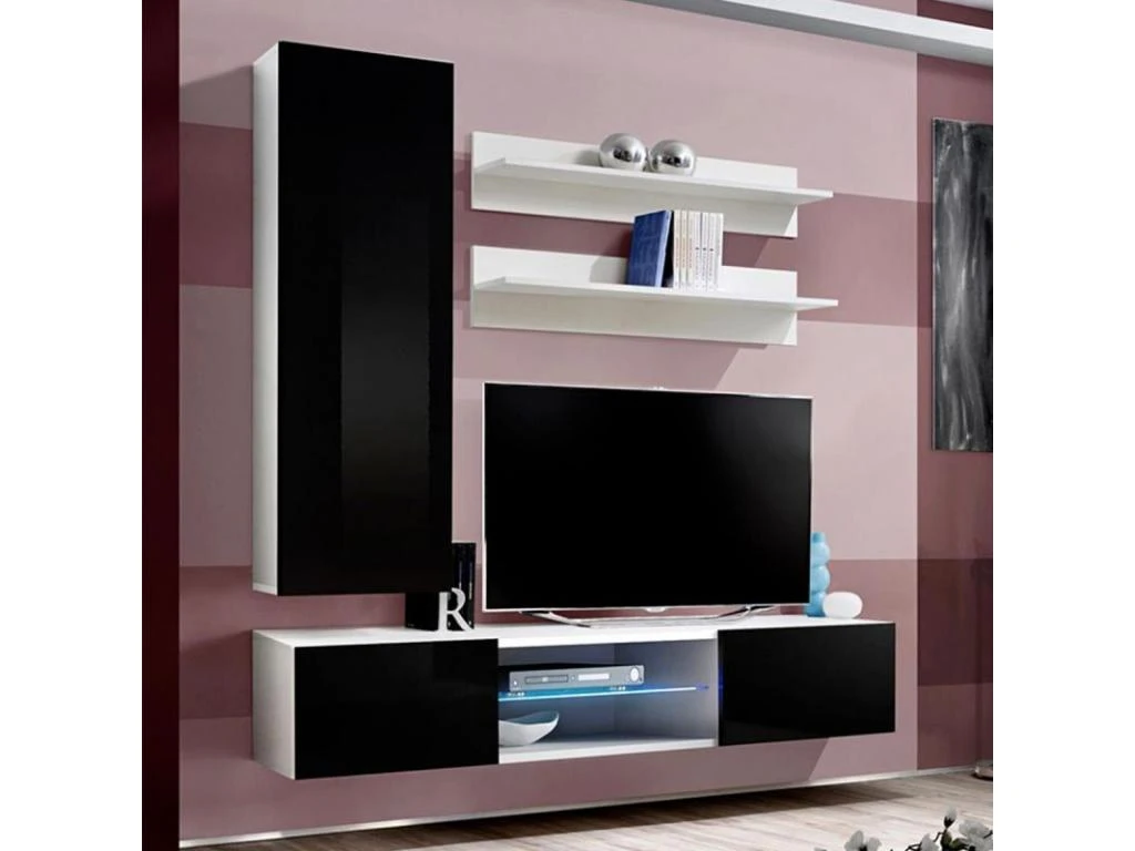 Meuble TV Mural Design "Fly XVIII" 170cm Noir & Blanc 3 Meuble TV Mural Design "Fly XVIII" 170cm Noir & Blanc