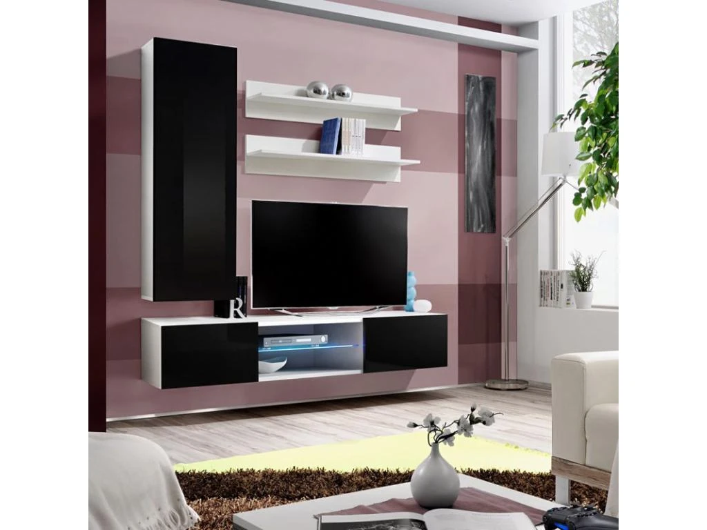 Meuble TV Mural Design "Fly XVIII" 170cm Noir & Blanc 4 Meuble TV Mural Design "Fly XVIII" 170cm Noir & Blanc – Image 2