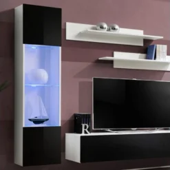 Meuble TV Mural Design "Fly III" 210cm Noir & Blanc -Pas Cher Mobiliora Magasin meuble tv 19714997