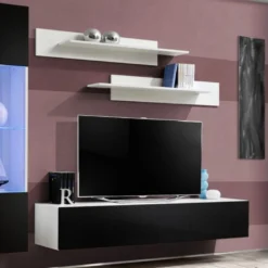 Meuble TV Mural Design "Fly III" 210cm Noir & Blanc -Pas Cher Mobiliora Magasin meuble tv 19714999