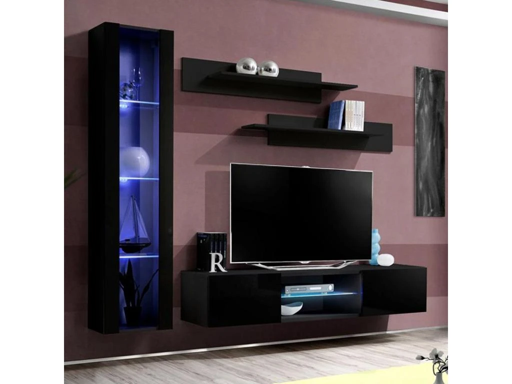 Meuble TV Mural Design "Fly XIX" 210cm Noir 3 Meuble TV Mural Design "Fly XIX" 210cm Noir
