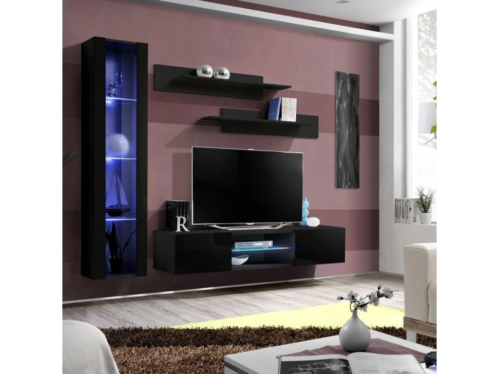 Meuble TV Mural Design "Fly XIX" 210cm Noir 4 Meuble TV Mural Design "Fly XIX" 210cm Noir – Image 2
