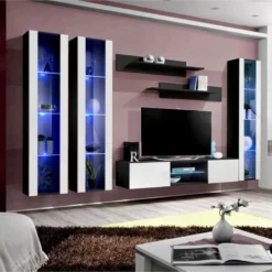 Meuble TV Mural Design "Fly XLIII" 310cm Blanc & Noir