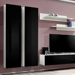 Meuble TV Mural Design "Fly I" 310cm Noir & Blanc -Pas Cher Mobiliora Magasin meuble tv 19715101