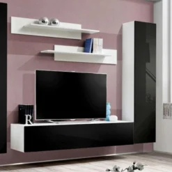 Meuble TV Mural Design "Fly I" 310cm Noir & Blanc -Pas Cher Mobiliora Magasin meuble tv 19715103