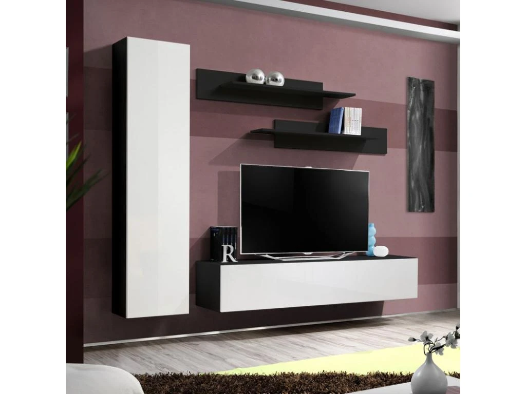Meuble TV Mural Design "Fly I" 210cm Blanc & Noir 3 Meuble TV Mural Design "Fly I" 210cm Blanc & Noir