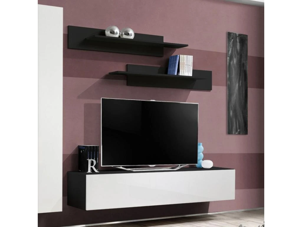 Meuble TV Mural Design "Fly I" 210cm Blanc & Noir 5 Meuble TV Mural Design "Fly I" 210cm Blanc & Noir – Image 3