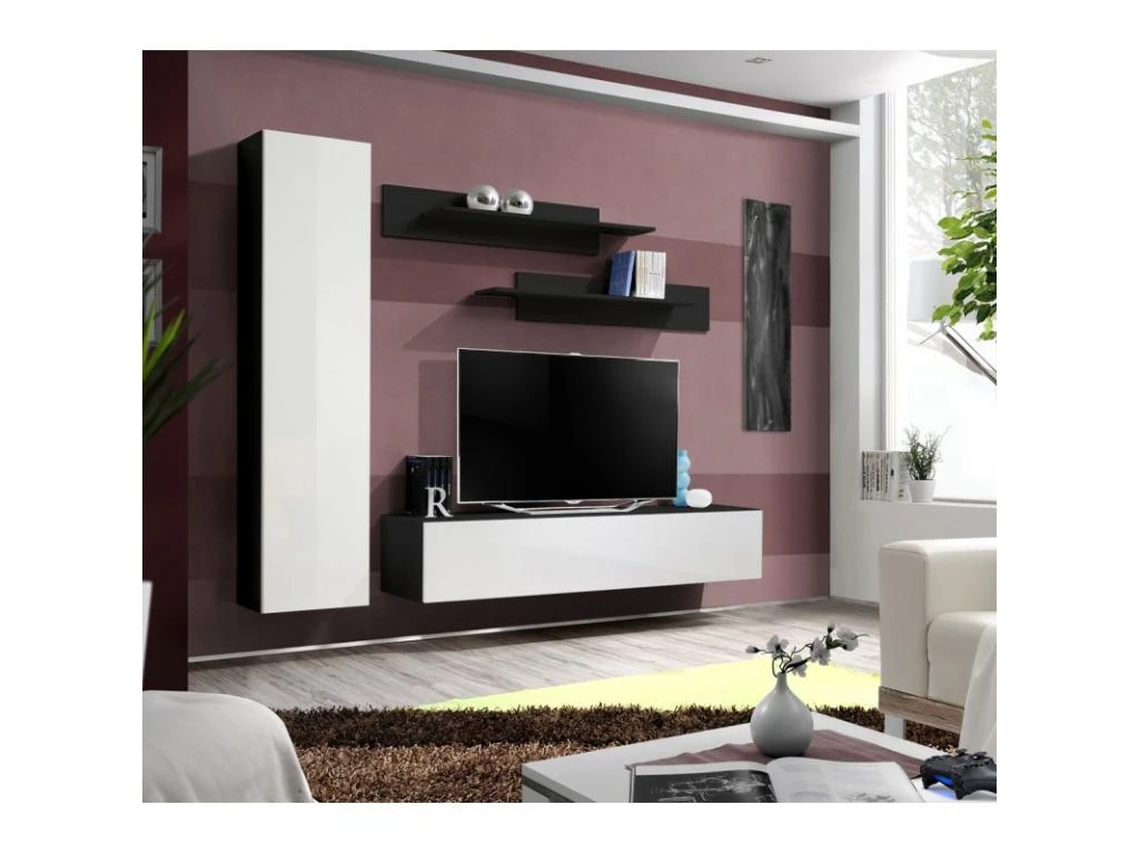 Meuble TV Mural Design "Fly I" 210cm Blanc & Noir 6 Meuble TV Mural Design "Fly I" 210cm Blanc & Noir – Image 4