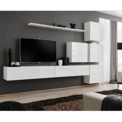 Meuble TV Mural Design "Switch IX" 310cm Blanc -Pas Cher Mobiliora Magasin meuble tv 19715203