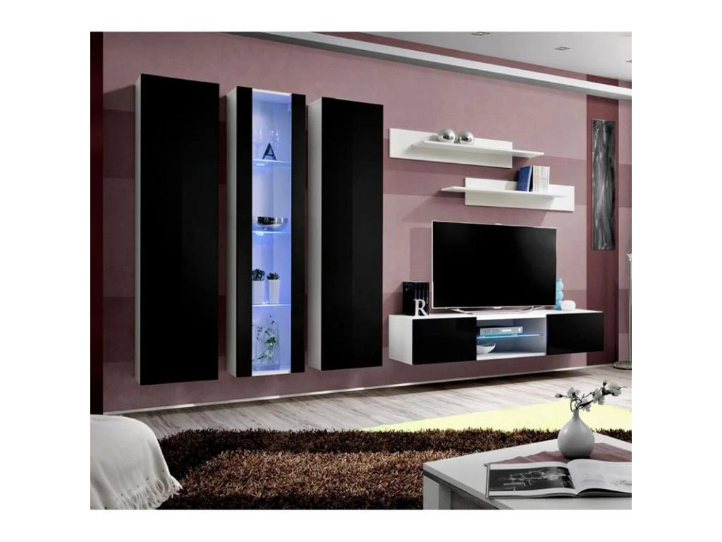 Meuble TV Mural Design "Fly XLV" 310cm Noir & Blanc 3 Meuble TV Mural Design "Fly XLV" 310cm Noir & Blanc