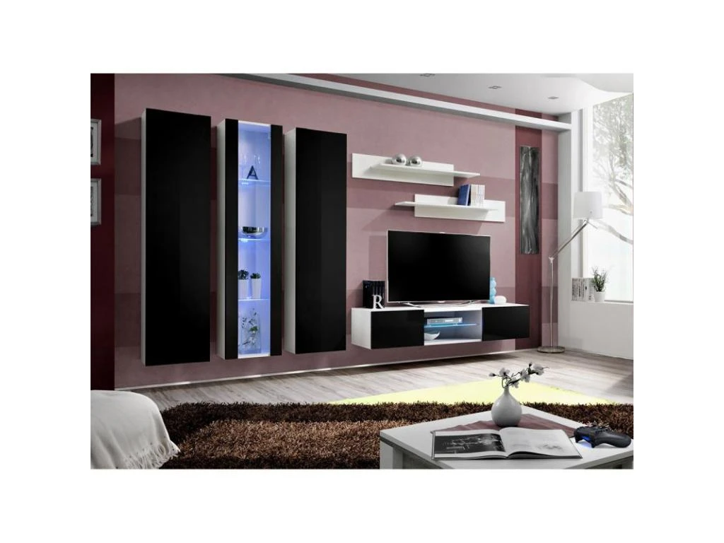 Meuble TV Mural Design "Fly XLV" 310cm Noir & Blanc 4 Meuble TV Mural Design "Fly XLV" 310cm Noir & Blanc – Image 2