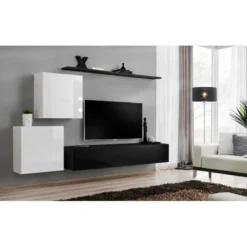 Meuble TV Mural Design "Switch V" 250cm Blanc & Noir -Pas Cher Mobiliora Magasin meuble tv 19715363