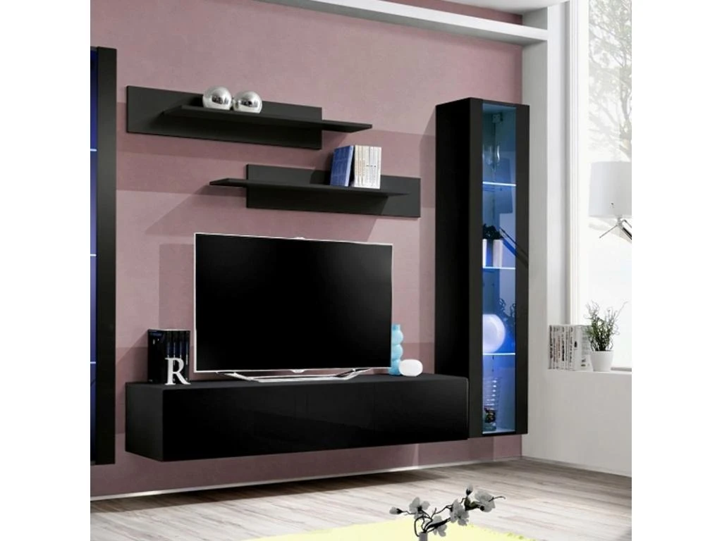 Meuble TV Mural Design "Fly II" 310cm Noir 5 Meuble TV Mural Design "Fly II" 310cm Noir – Image 3