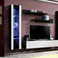 Meuble TV Mural Design "Fly II" 260cm Blanc & Noir -Pas Cher Mobiliora Magasin meuble tv 19715527