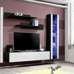 Meuble TV Mural Design "Fly II" 260cm Blanc & Noir -Pas Cher Mobiliora Magasin meuble tv 19715529