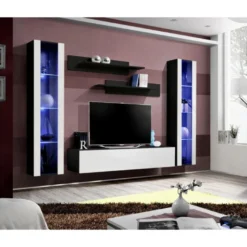 Meuble TV Mural Design "Fly II" 260cm Blanc & Noir -Pas Cher Mobiliora Magasin meuble tv 19715531