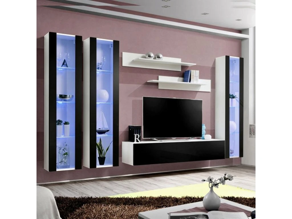 Meuble TV Mural Design "Fly II" 310cm Noir & Blanc 3 Meuble TV Mural Design "Fly II" 310cm Noir & Blanc