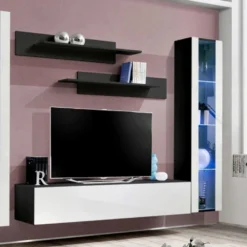 Meuble TV Mural Design "Fly II" 310cm Blanc & Noir -Pas Cher Mobiliora Magasin meuble tv 19715621