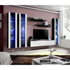 Meuble TV Mural Design "Fly II" 310cm Blanc & Noir -Pas Cher Mobiliora Magasin meuble tv 19715623