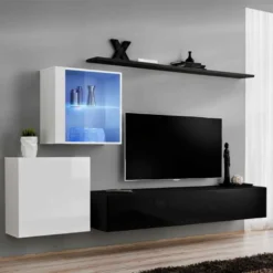 Meuble TV Mural Design "Switch XV" 250cm Noir & Blanc