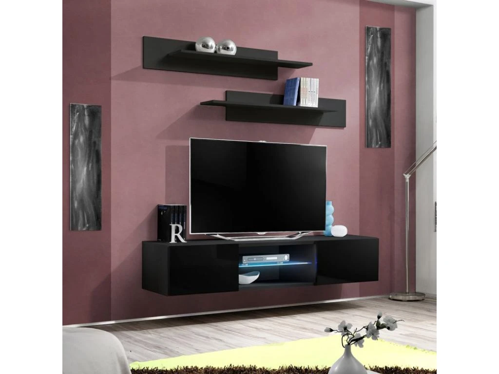 Meuble TV Mural Design "Fly III" 160cm Noir 4 Meuble TV Mural Design "Fly III" 160cm Noir – Image 2