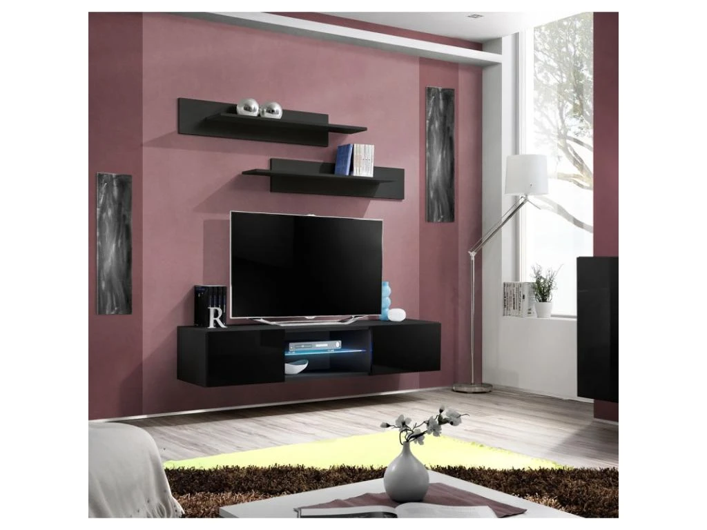 Meuble TV Mural Design "Fly III" 160cm Noir 6 Meuble TV Mural Design "Fly III" 160cm Noir – Image 4