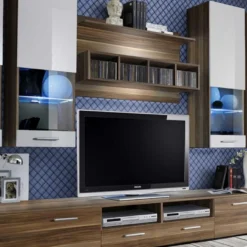 Meuble TV Mural Design "Dorade" 300cm Prunier & Blanc -Pas Cher Mobiliora Magasin meuble tv 19715851