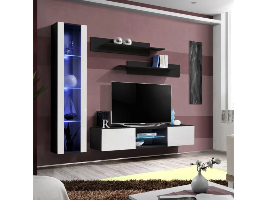 Meuble TV Mural Design "Fly XIX" 210cm Blanc & Noir 4 Meuble TV Mural Design "Fly XIX" 210cm Blanc & Noir – Image 2