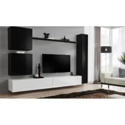 Meuble TV Mural Design "Switch VIII" 280cm Noir & Blanc -Pas Cher Mobiliora Magasin meuble tv 19716097