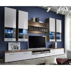 Meuble TV Mural Design "Dorade" 300cm Blanc & Prunier