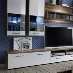 Meuble TV Mural Design "Dorade" 300cm Blanc & Prunier -Pas Cher Mobiliora Magasin meuble tv 19716193