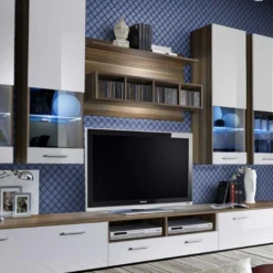 Meuble TV Mural Design "Dorade" 300cm Blanc & Prunier -Pas Cher Mobiliora Magasin meuble tv 19716195