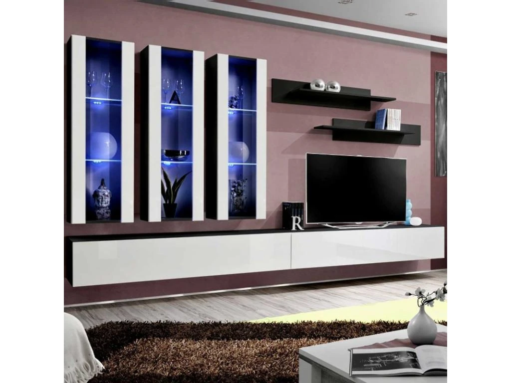 Meuble TV Mural Design "Fly III" 320cm Blanc & Noir 3 Meuble TV Mural Design "Fly III" 320cm Blanc & Noir