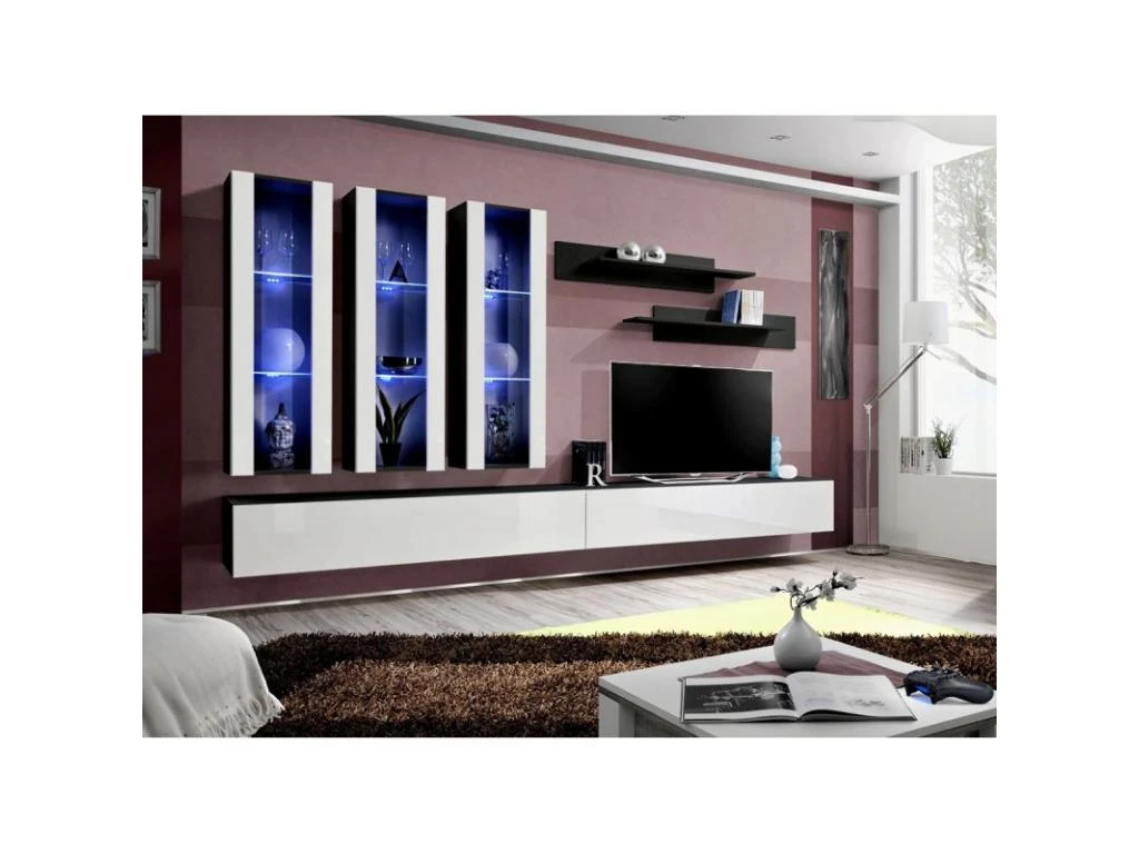 Meuble TV Mural Design "Fly III" 320cm Blanc & Noir 6 Meuble TV Mural Design "Fly III" 320cm Blanc & Noir – Image 4