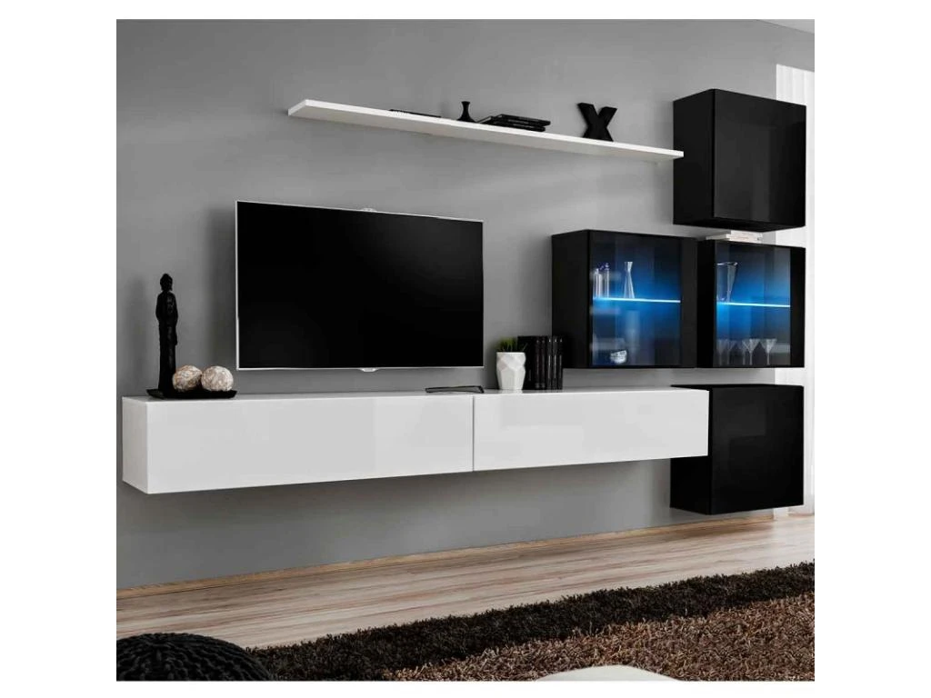 Meuble TV Mural Design "Switch XIX" 310cm Blanc & Noir 3 Meuble TV Mural Design "Switch XIX" 310cm Blanc & Noir