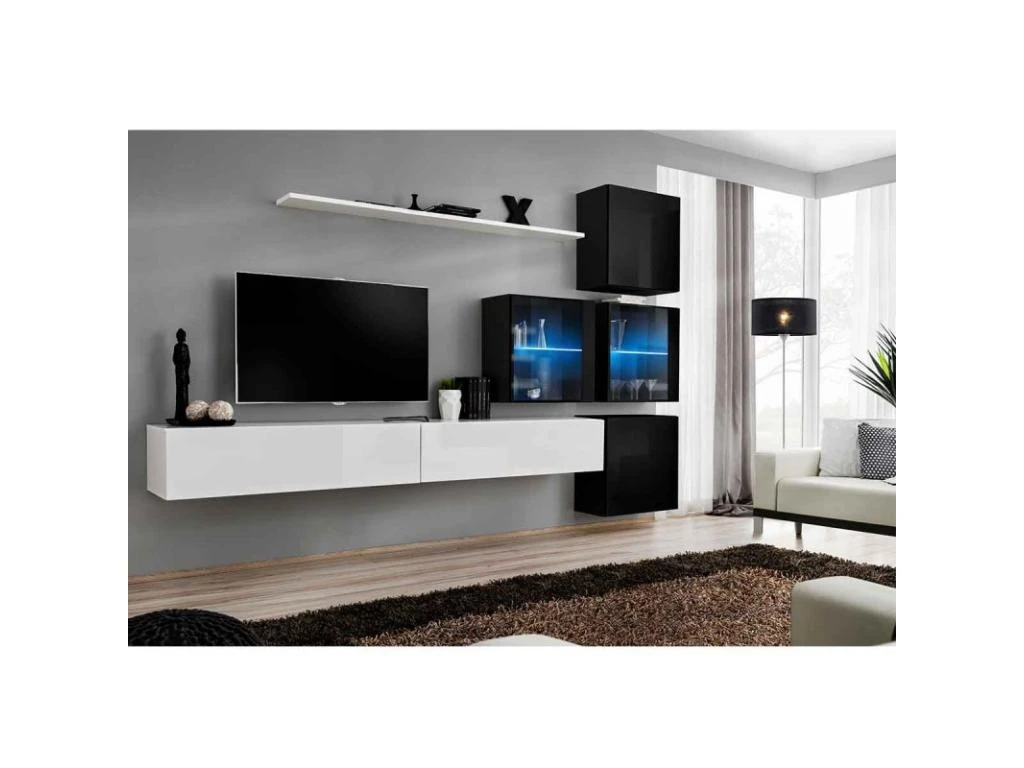 Meuble TV Mural Design "Switch XIX" 310cm Blanc & Noir 4 Meuble TV Mural Design "Switch XIX" 310cm Blanc & Noir – Image 2