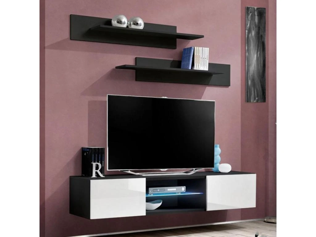 Meuble TV Mural Design "Fly III" 160cm Blanc & Noir 3 Meuble TV Mural Design "Fly III" 160cm Blanc & Noir