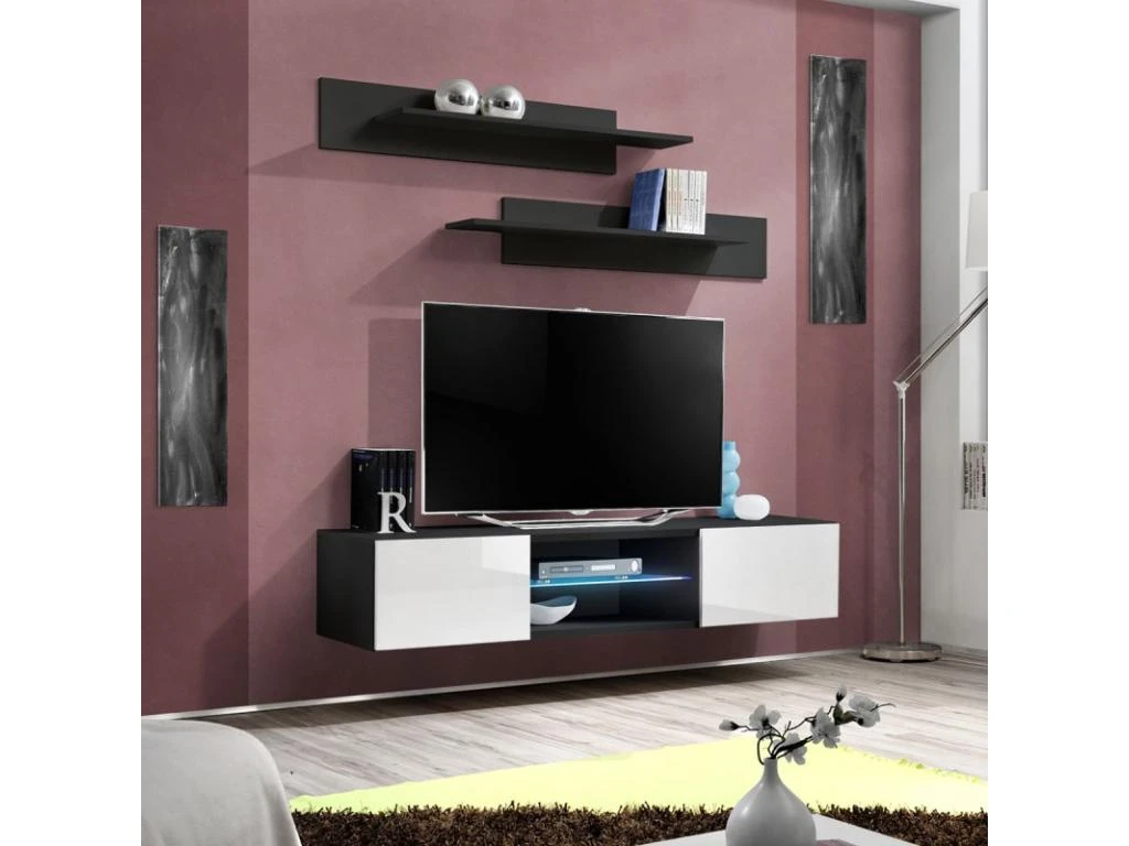 Meuble TV Mural Design "Fly III" 160cm Blanc & Noir 4 Meuble TV Mural Design "Fly III" 160cm Blanc & Noir – Image 2