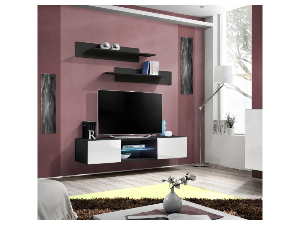 Meuble TV Mural Design "Fly III" 160cm Blanc & Noir 6 Meuble TV Mural Design "Fly III" 160cm Blanc & Noir – Image 4