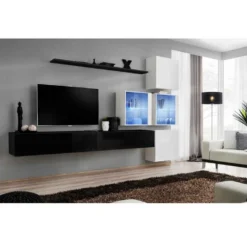 Meuble TV Mural Design "Switch XIX" 310cm Noir & Blanc -Pas Cher Mobiliora Magasin meuble tv 19716405