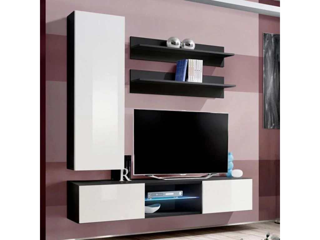 Meuble TV Mural Design "Fly XVIII" 170cm Blanc & Noir 3 Meuble TV Mural Design "Fly XVIII" 170cm Blanc & Noir